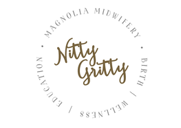 The Magnolia Midwifery logo combined with the words Nitty Gritty. The Nitty Gritty is a homebirth preparation class held for CT nurse-midwifery homebirth clients of Magnolia Midwifery.