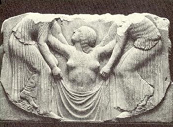 Black and white photo of The birth of Aphrodite from the Ludovisi Throne. Two Horai (divinities of nature and the seasons) assist the goddess. --Mark Cartwright (https://www.ancient.eu/image/2194/the-birth-of-aphrodite)