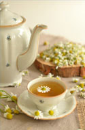 Tea pot and tea cup full of chamomile tea with chamomile flowers sprinkled over the scene. Herbs are often a part of midwifery recommendations.