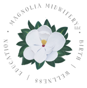 Pastel drawing of a magnolia flower surrounded by the words Magnolia Midwifery LLC, Birth, Wellness, Education. The logo for the CT nurse-midwifery homebirth practice.