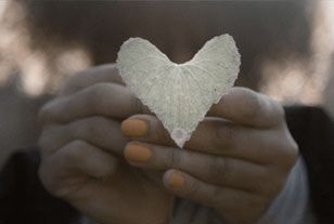 An brown-skinned, person's hands holding a heart-shaped leaf. Represents the sentiment of Vision for Magnolia Midwifery.